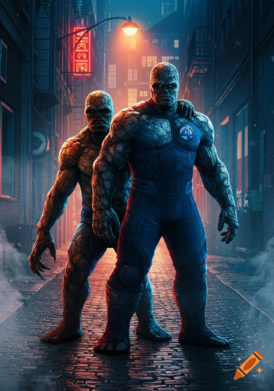 Two rock-skinned monsters, one in a blue Fantastic Four suit, stand in a dark, atmospheric alley under a glowing streetlamp.