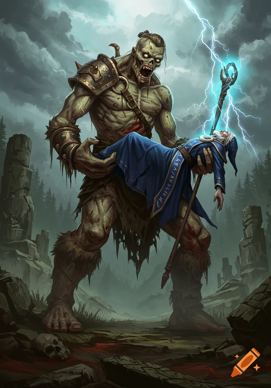 A huge zombie barbarian carries an unconscious wizard in a blue robe, a lightning staff in hand, amidst ancient ruins and blood.