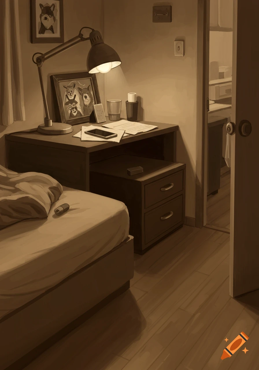 A cozy bedroom with a desk, bed, and an open doorway, rendered in sepia tones. A lamp illuminates a phone and papers on the desk, next to framed animal photos.