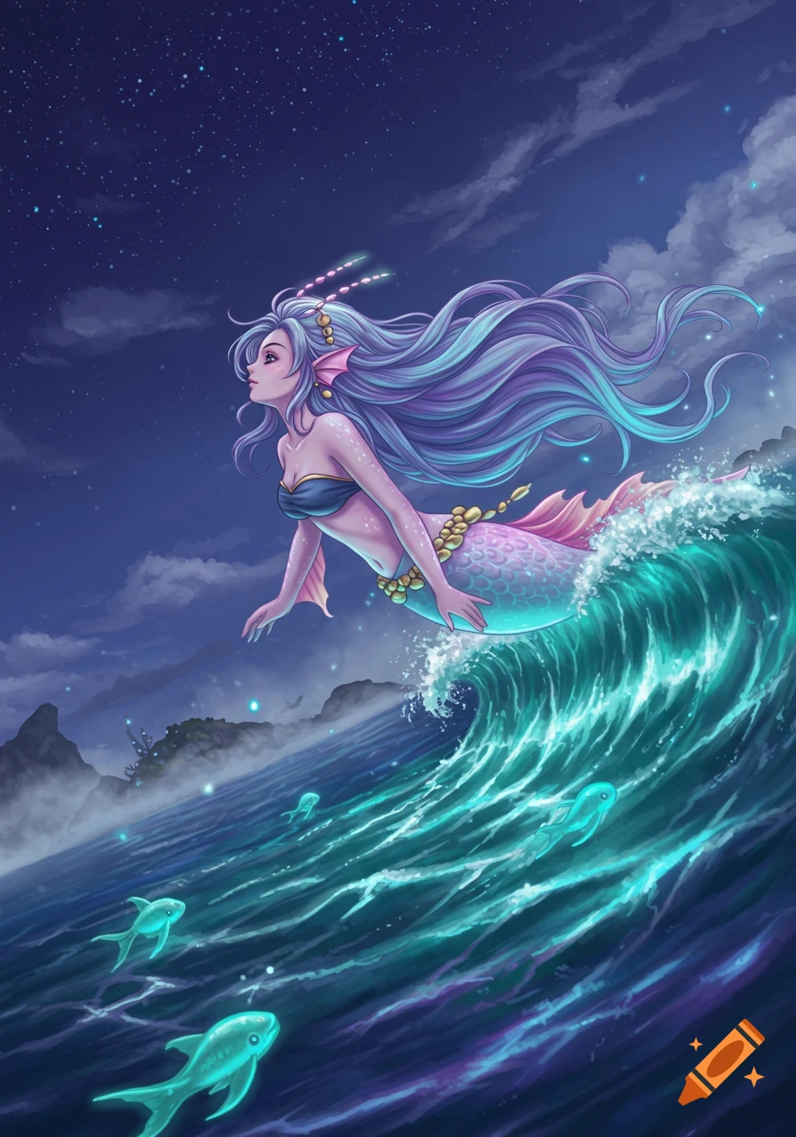 A stylized illustration of a mermaid with long purple hair riding a large ocean wave under a starry night sky, with glowing fish swimming below.