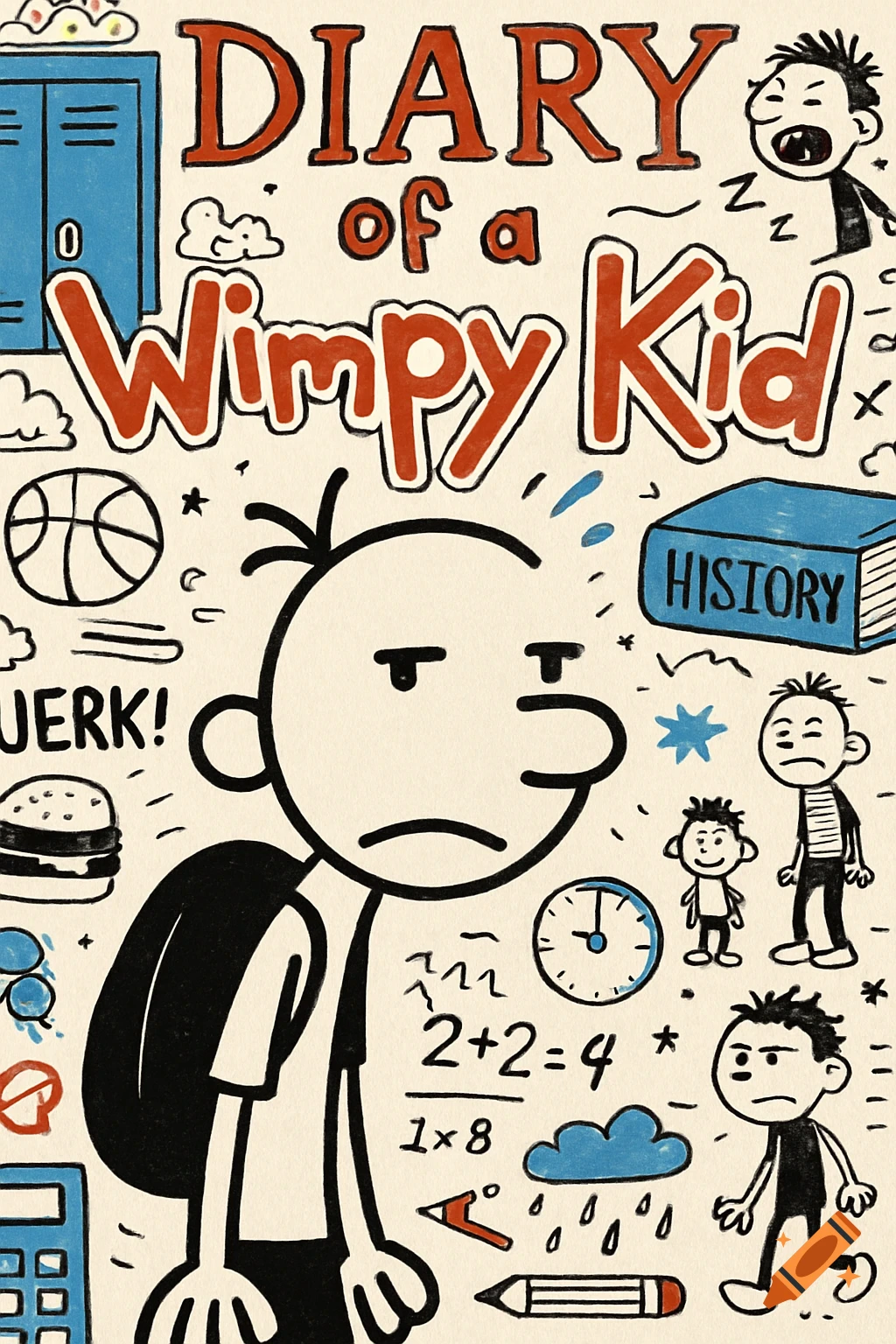 Cartoon book cover for 'Diary of a Wimpy Kid' featuring Greg Heffley surrounded by school-themed doodles and text.