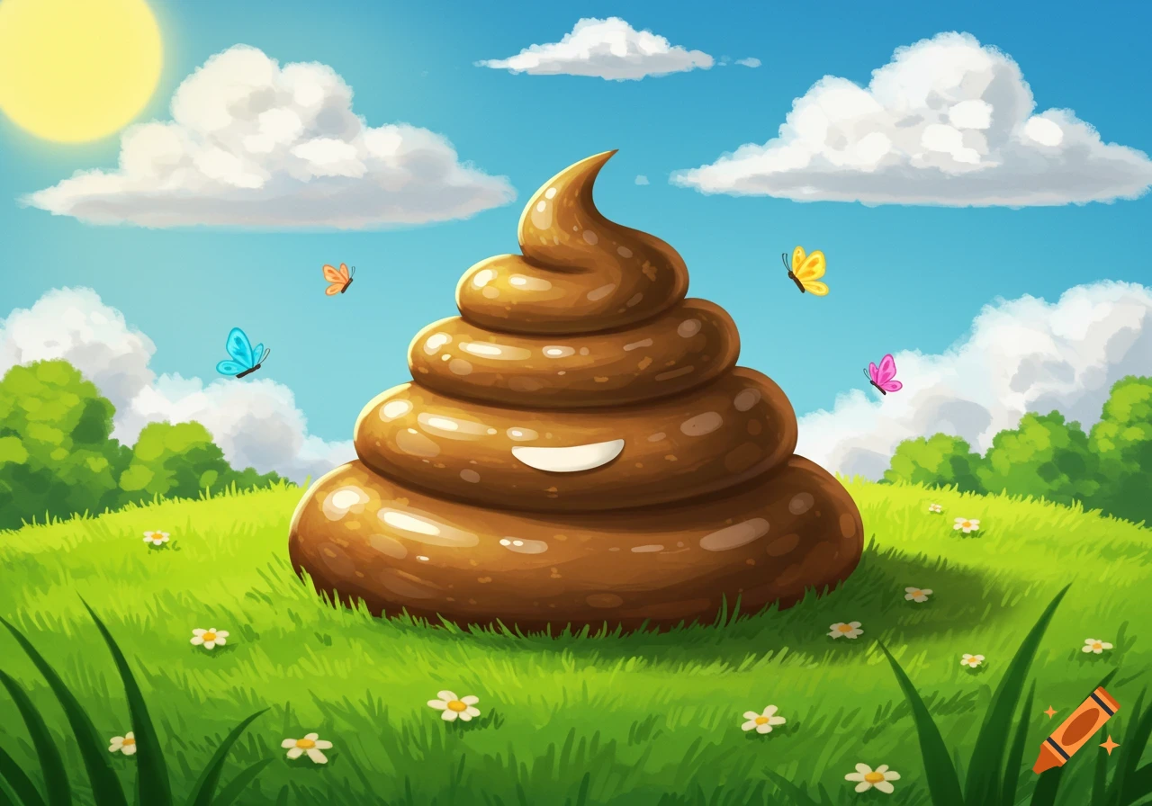 A large, smiling cartoon poop sits in a green grassy field with flowers, butterflies, and a blue sky with clouds.