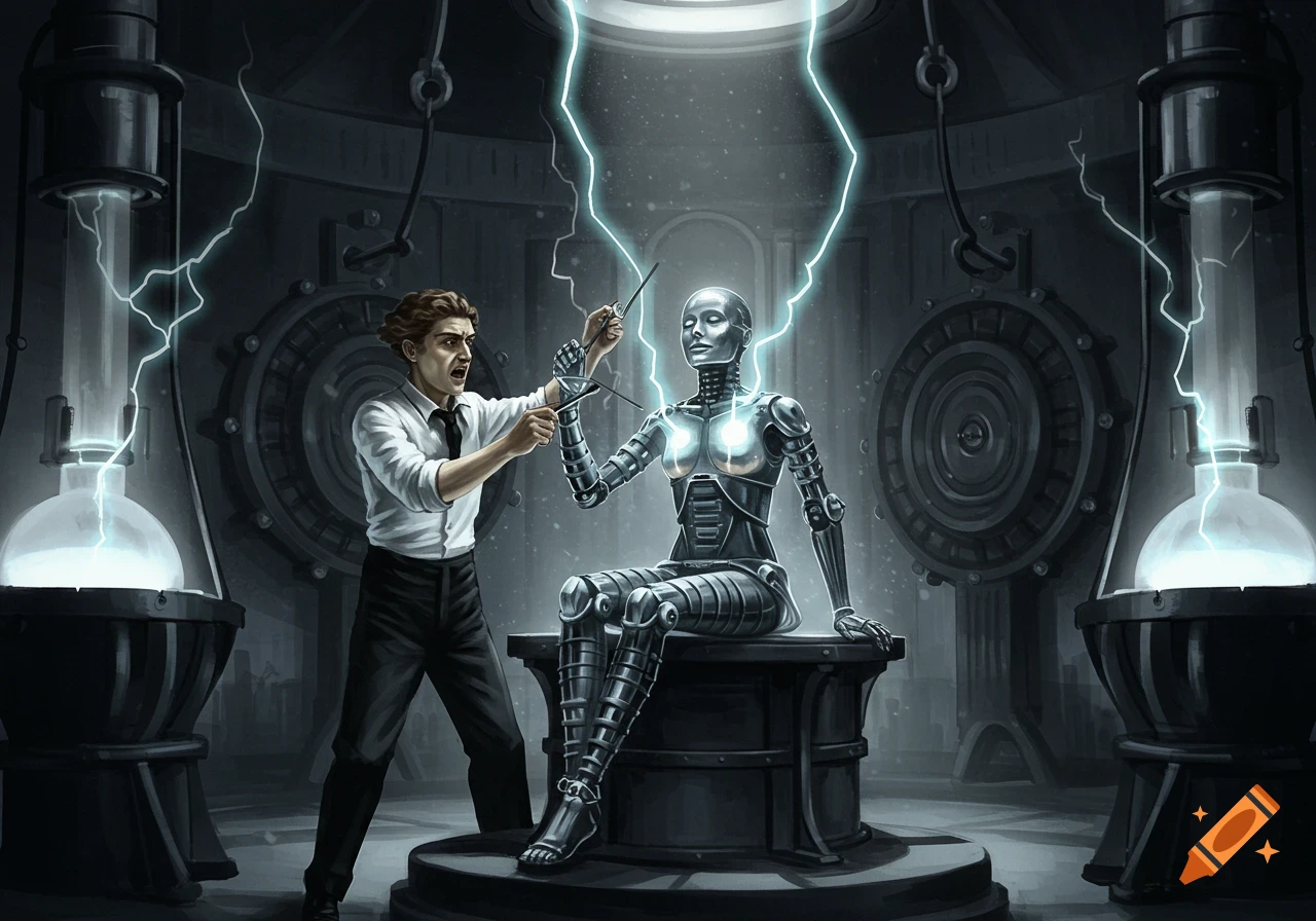 A mad scientist in a lab electrifies a metallic female robot sitting on a pedestal, with large electrical equipment in the background. The style is a dark, dramatic illustration.