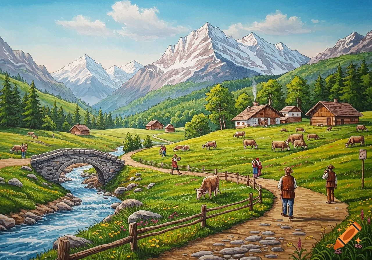Illustrative mountain landscape with a village, people, grazing cows, a winding river, and a stone bridge under a blue sky.