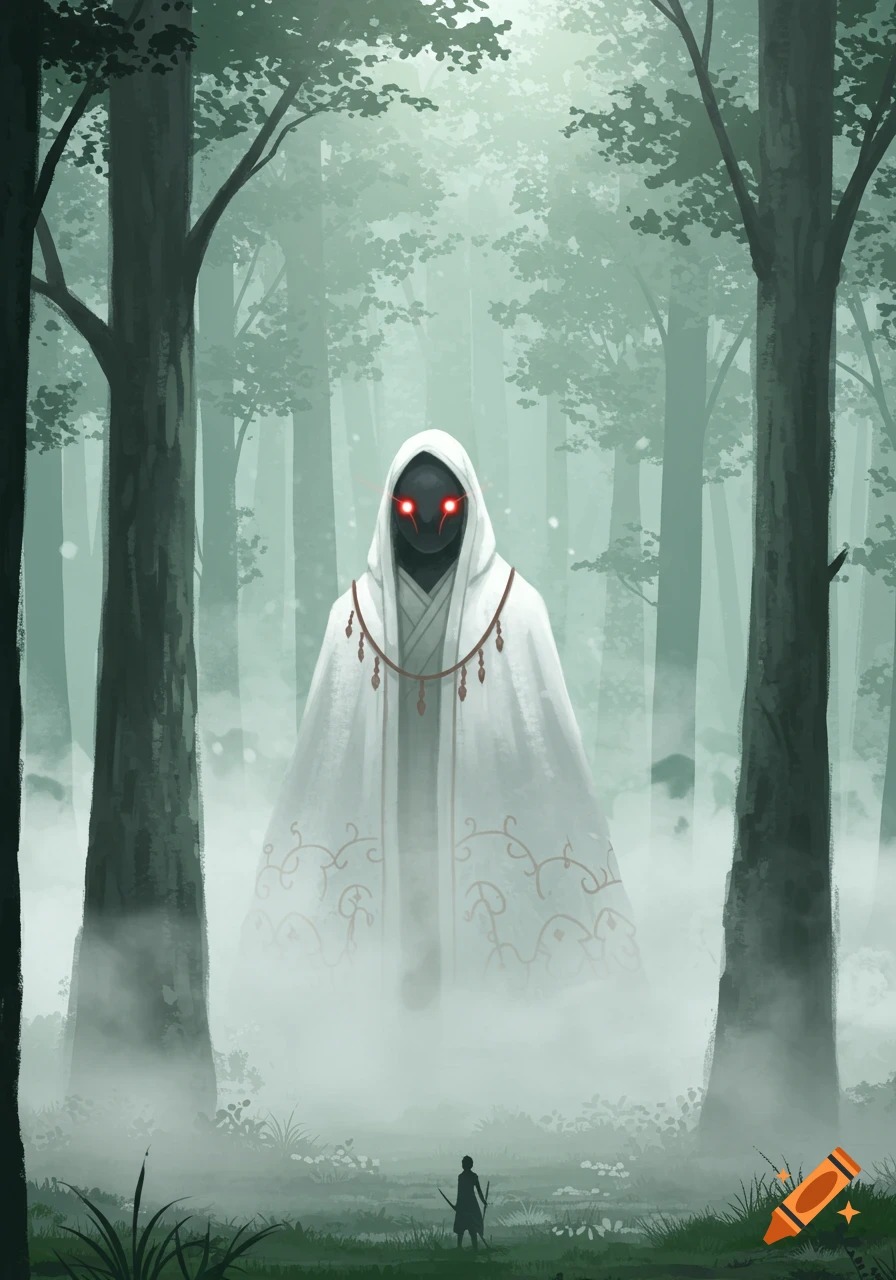 A shadowy, red-eyed figure in a white cloak stands amidst a misty green forest, facing a small person below.