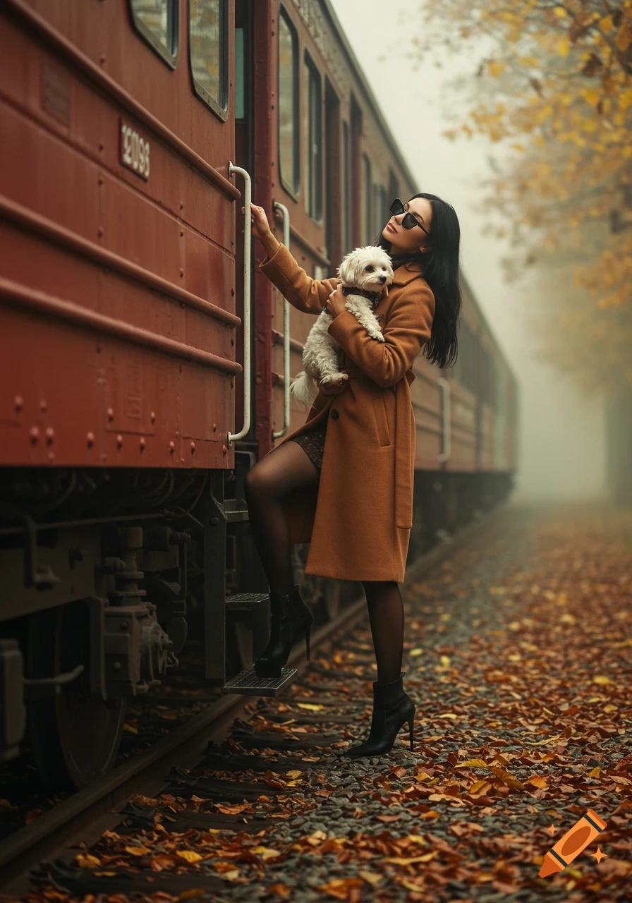 A stylish woman in a brown coat holds a white dog next to a vintage train on a foggy autumn day, surrounded by leaves in a photorealistic style.