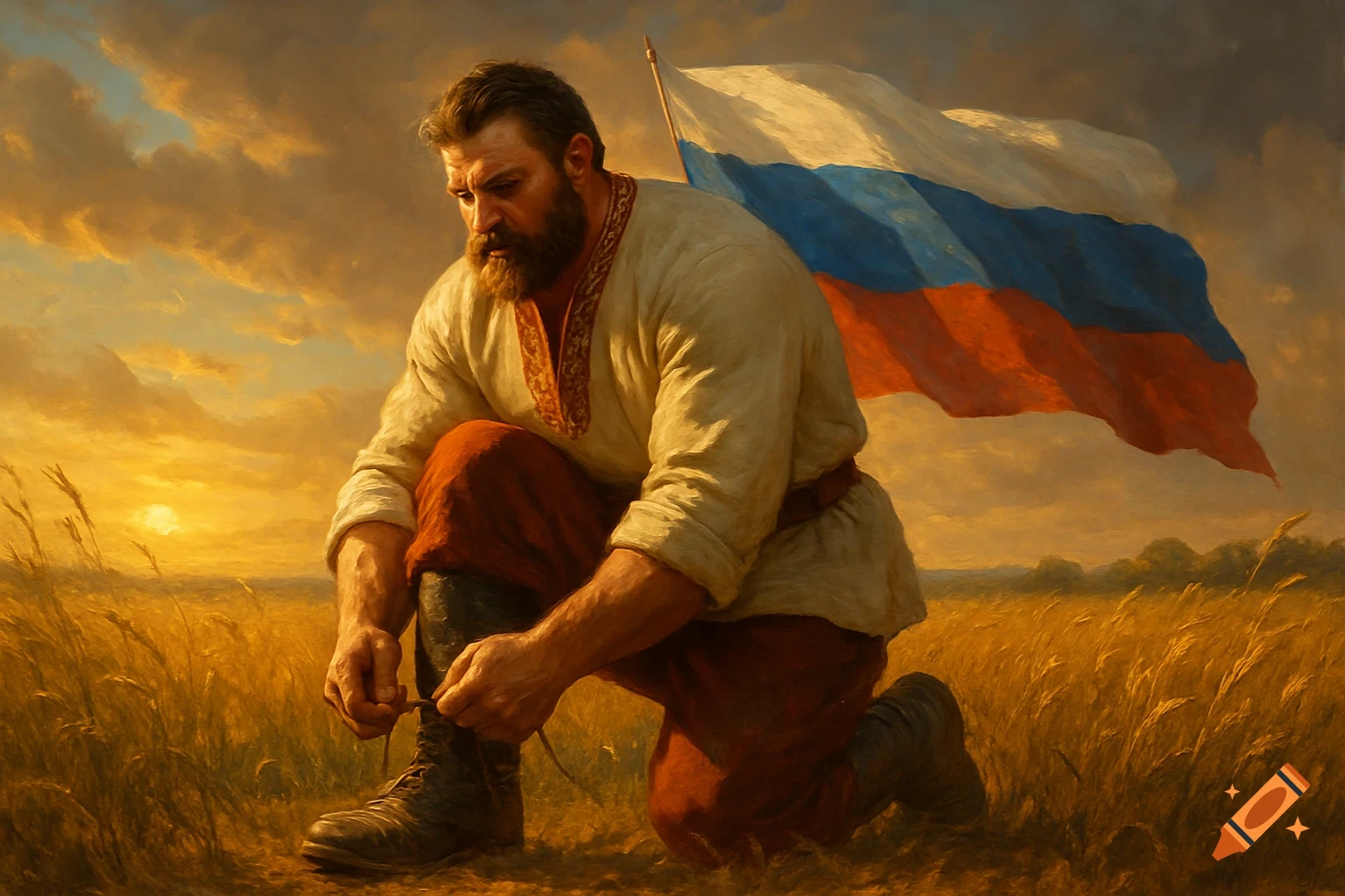 A bearded man in traditional clothing kneels to tie his shoelaces in a golden field at sunset, with a Russian flag waving behind him.
