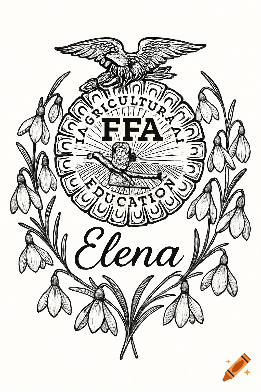 Black and white linocut style FFA emblem featuring an eagle, arc text, 'Elena', and a frame of snowdrop flowers.