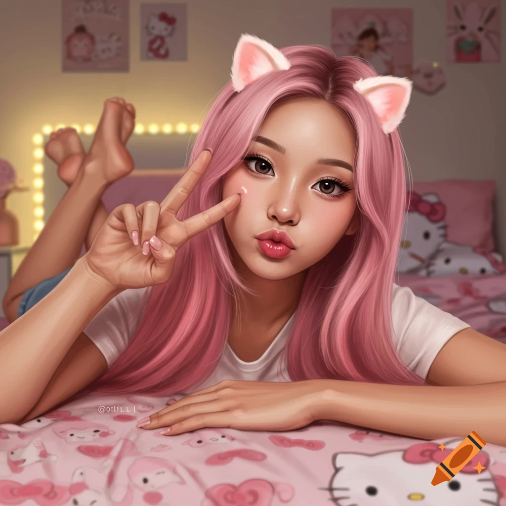 An illustrative portrait of a girl with pink hair and cat ears, lying on a pink Hello Kitty bed, making a peace sign.
