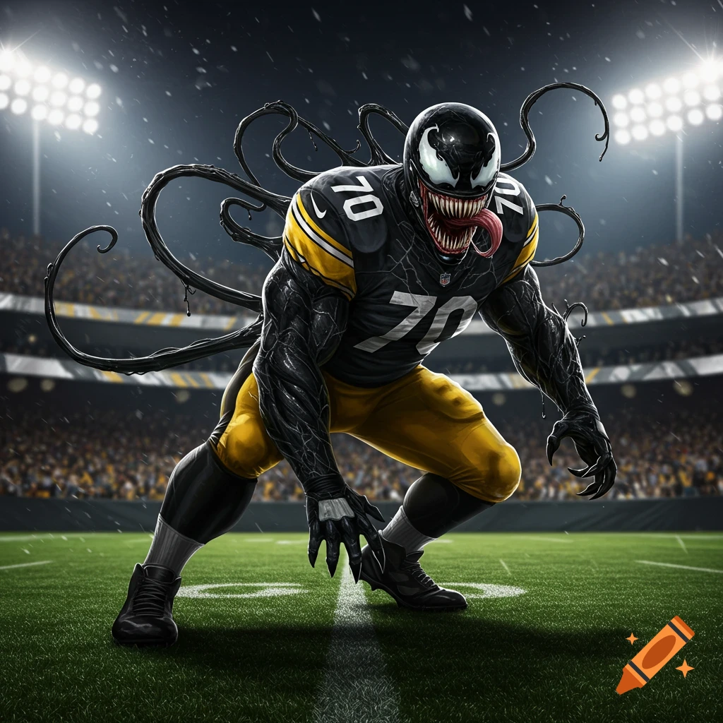 Venom, the black alien symbiote, merged with an American football player in a black and yellow number 70 uniform, crouching on a green field in a stadium at night.