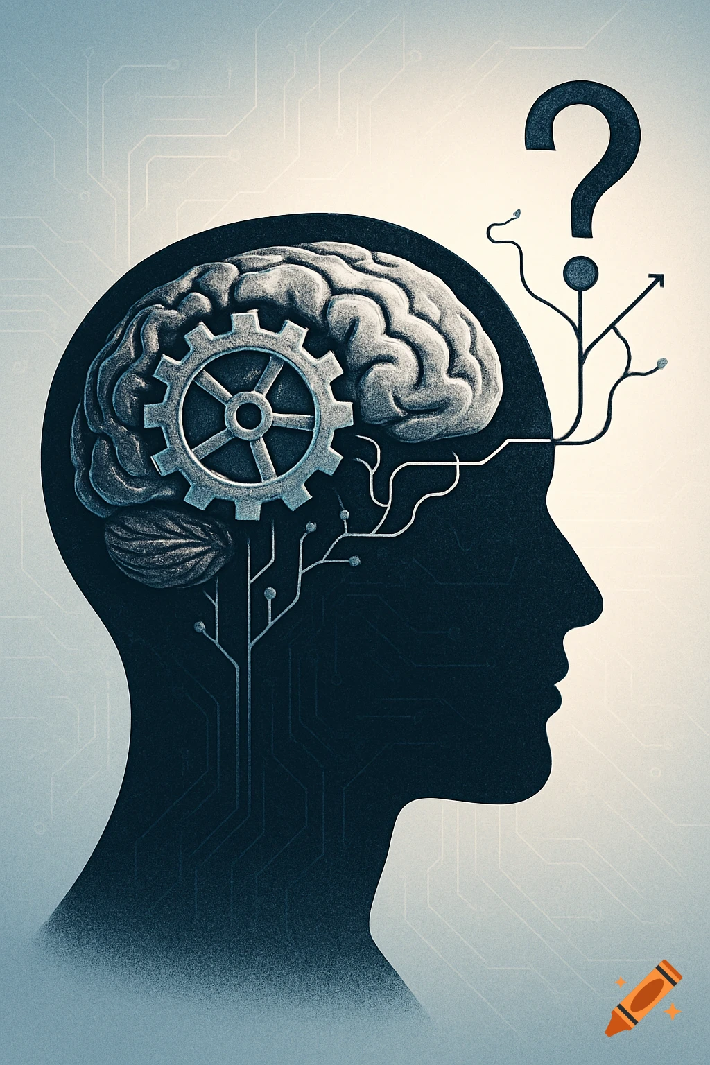 Stylized profile of a human head with a brain, a gear, and circuit pathways leading to a question mark.