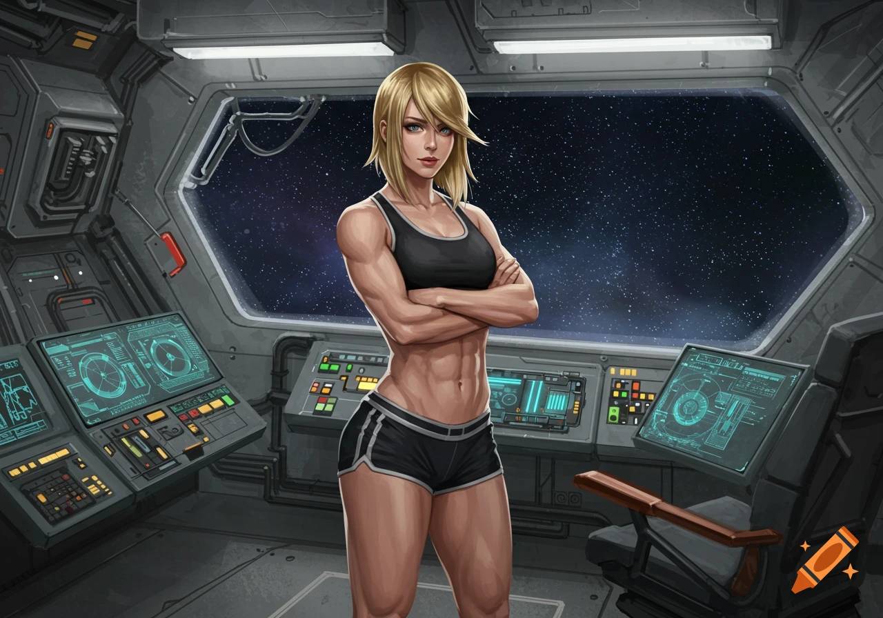 A muscular blonde woman in a black sports bra and shorts stands with crossed arms in a spaceship cockpit, looking at the camera. Stars are visible through the window.