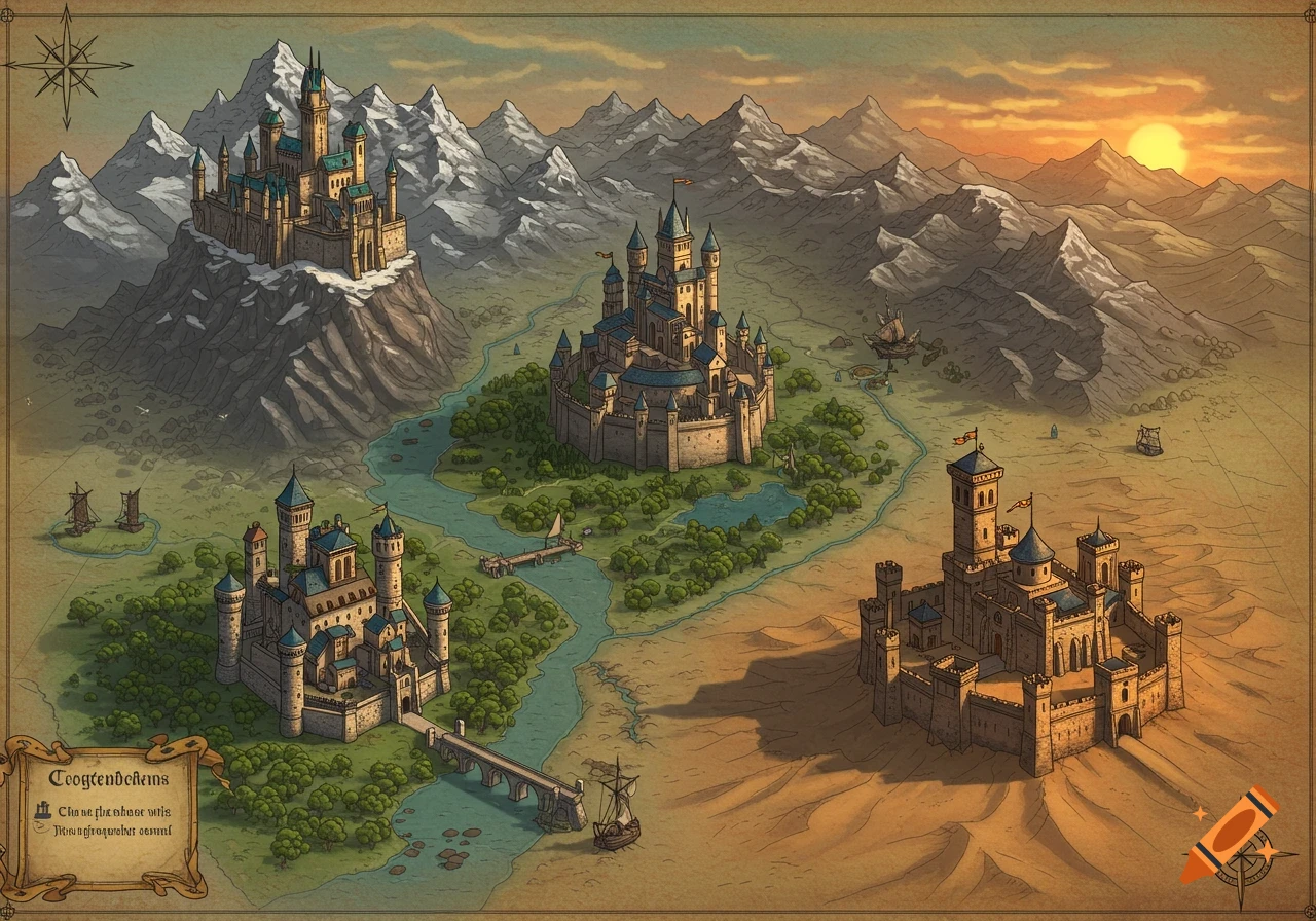 An old-style fantasy map showing three large castles in diverse landscapes with mountains, rivers, forests, and desert under a sunset.