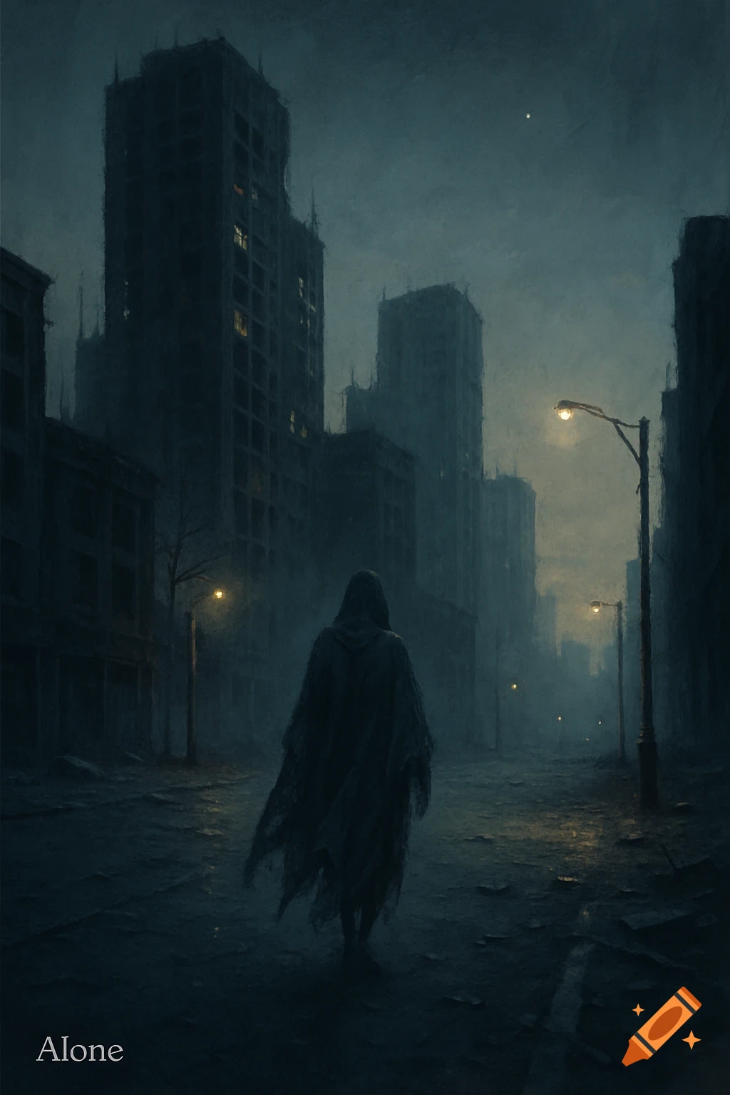 A cloaked figure walks down a dark, misty street lined with desolate buildings under a gloomy sky, with the word "Alone" in the corner.
