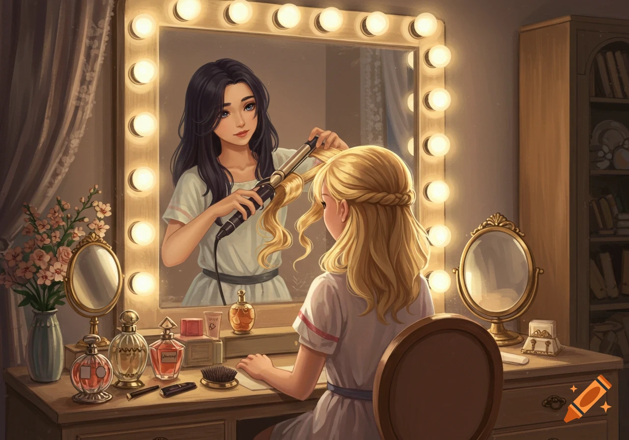 A digital illustration of a blonde girl sitting at a vanity, her reflection showing a dark-haired girl curling her hair in a Hollywood mirror.
