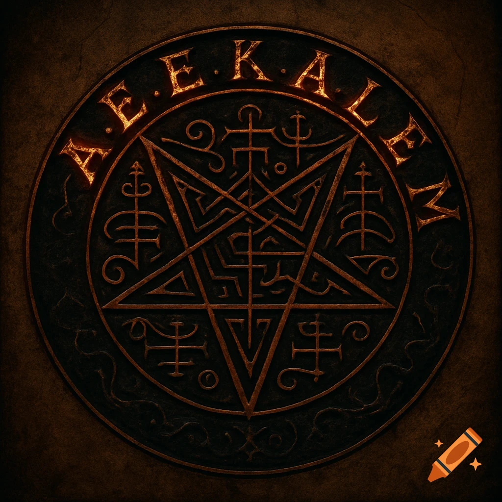 A dark, metallic occult-style demonic seal with glowing letters 'AEEKALEM' around its edge.