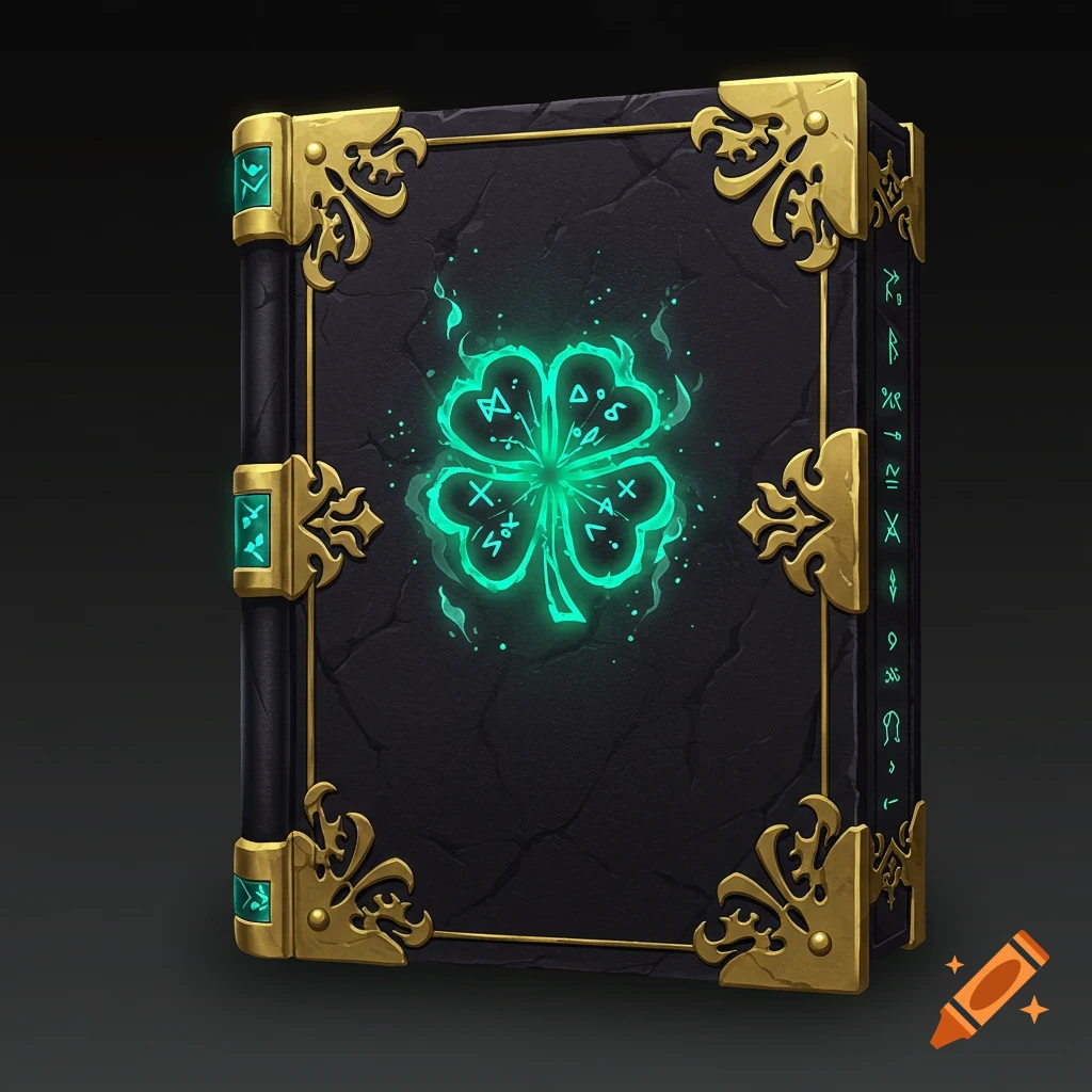 A dark fantasy grimoire with gold-edged corners and a glowing green four-leaf clover symbol emblazoned on the front cover. Intricate runes glow within the clover and along the book's spine.
