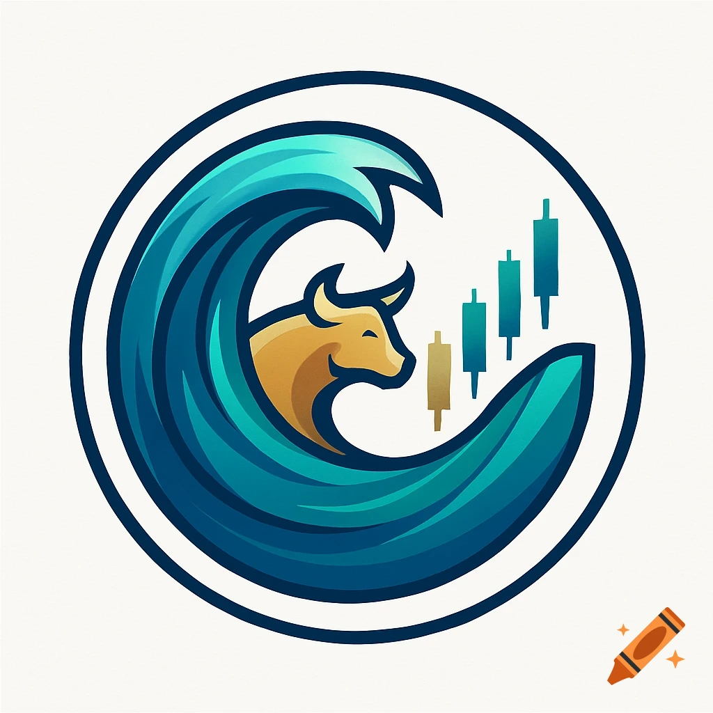 A circular logo featuring a golden bull riding a teal wave, with teal and gold candlestick charts behind it, on a white background.