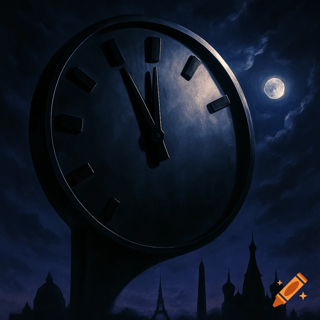 A giant, dark clock showing five minutes to midnight looms over a silhouetted global cityscape under a full moon at night.