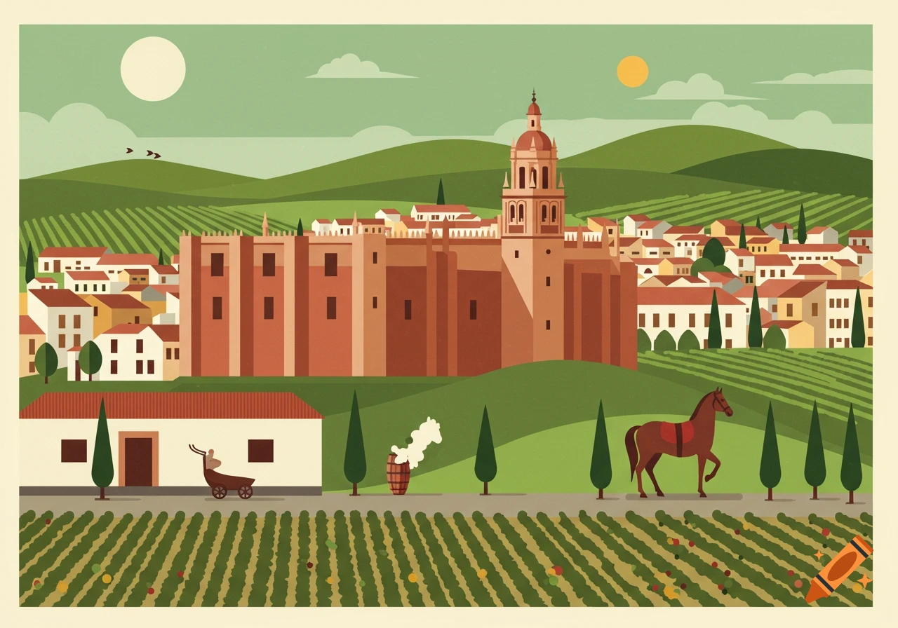 Stylized illustration of a Spanish town with a large cathedral-like building, vineyards, green hills, and a horse on a road.