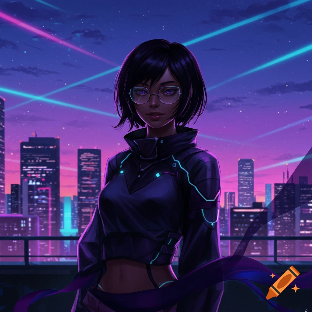 An anime girl with short black hair and glasses stands against a futuristic cyberpunk city skyline at night with neon lights.