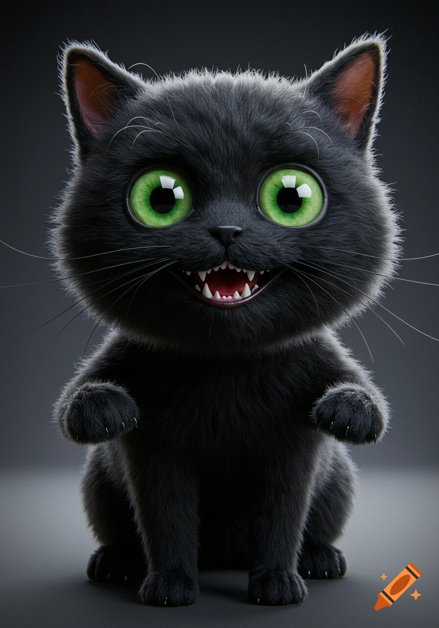 A stylized, fluffy black cat with huge green eyes and a wide, toothy smile, against a dark background.
