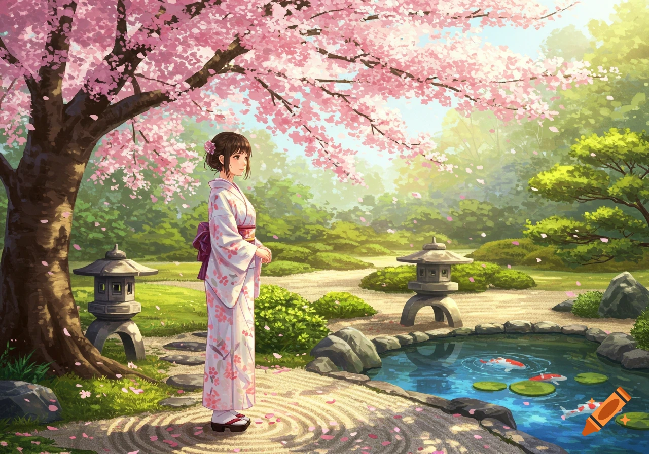 Anime illustration of a young woman in a floral kimono standing in a serene Japanese garden with pink cherry blossoms and a koi pond.