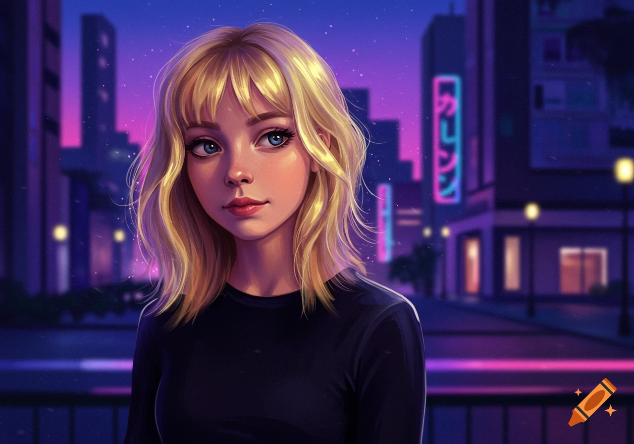 Digital art portrait of a blonde girl with bangs in a black shirt, in a neon-lit city at night.