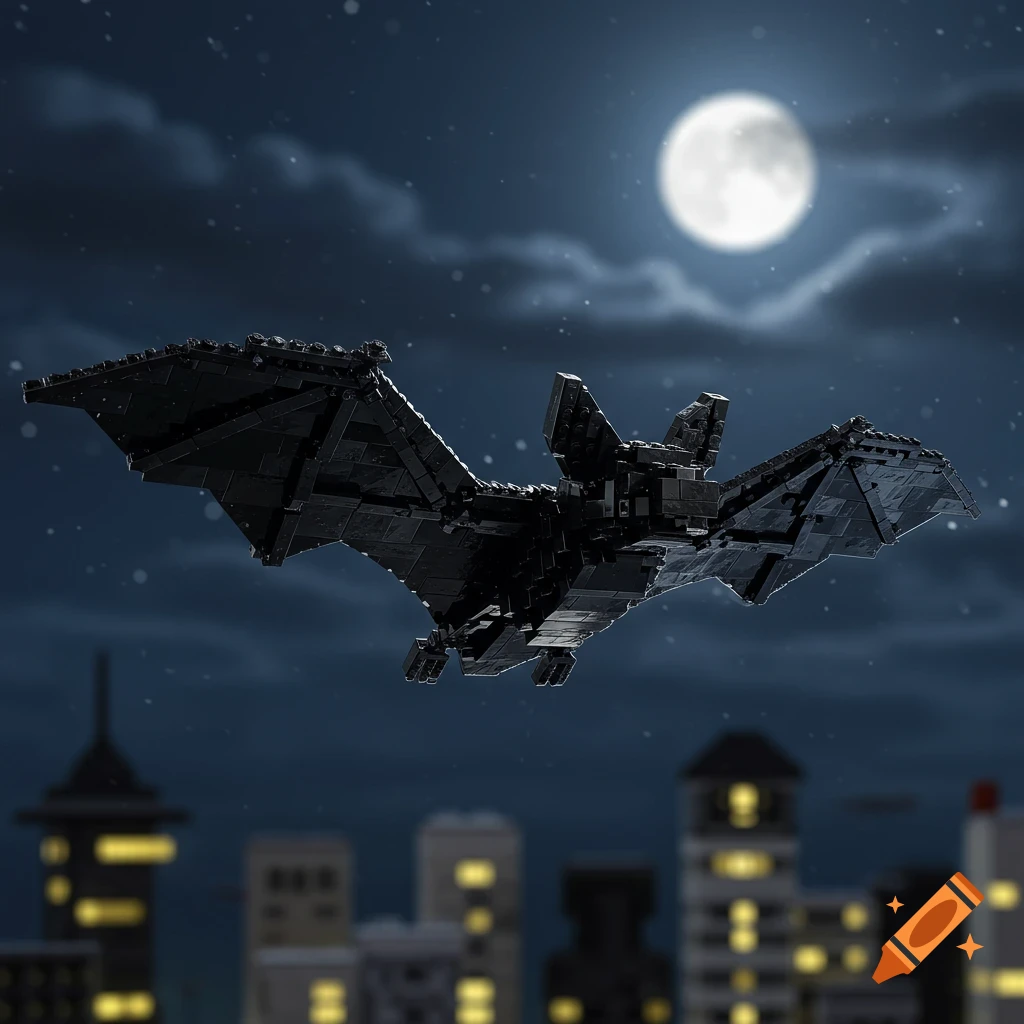 A black LEGO bat flies across a moonlit city skyline at night, with illuminated buildings below.
