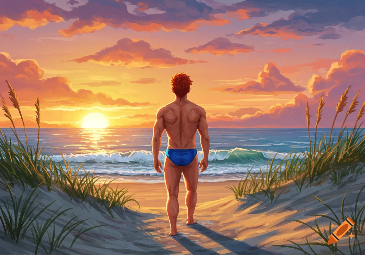 An illustration of a man in a blue speedo standing on a sandy beach, looking out at a vibrant sunset over the ocean.