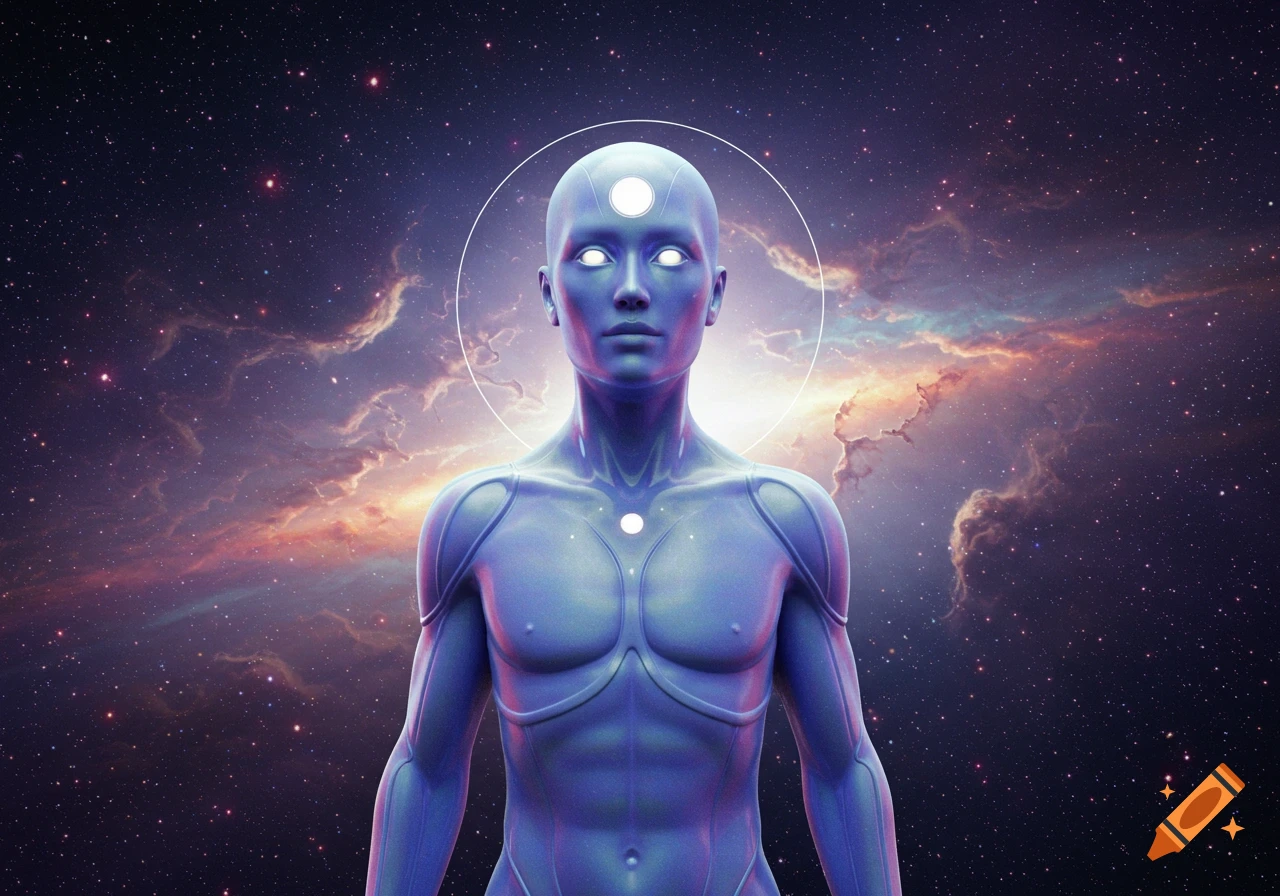 A blue-skinned humanoid alien with glowing eyes and a third eye stands against a vibrant galaxy with stars and nebulas.