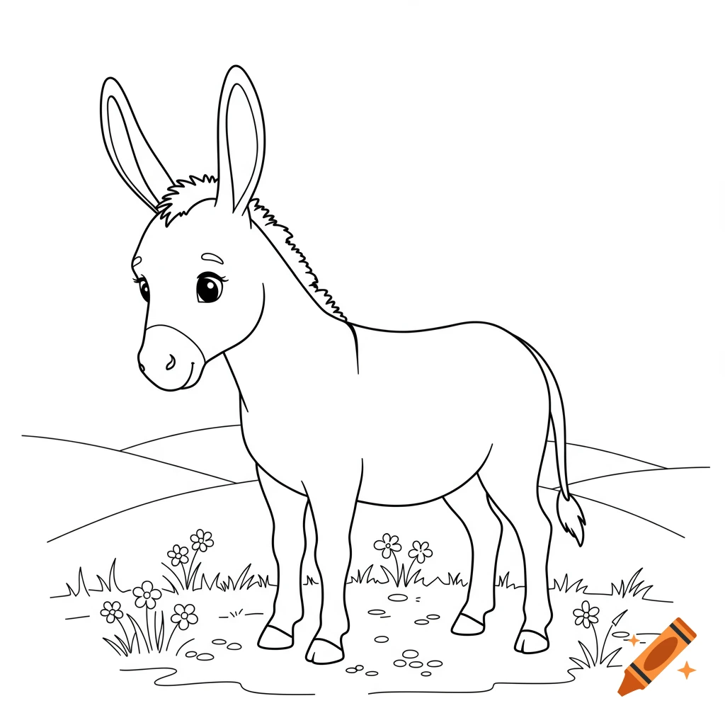 A simple black and white line art drawing of a cartoon donkey standing in a field with flowers, for a coloring book.