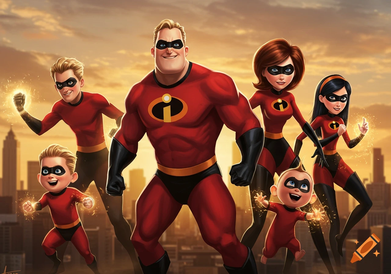 The Incredibles family, in their red superhero suits, stand heroically against a sunset city skyline.