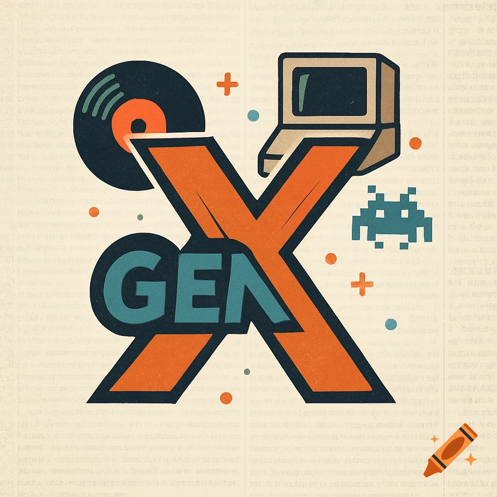 A retro-stylized logo for 'GEN X' featuring a vinyl record, a vintage computer, and a pixel alien on a textured background.