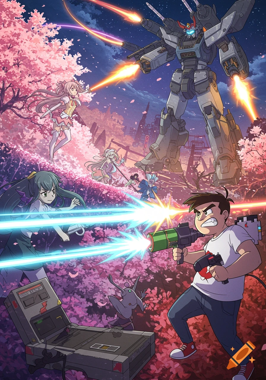 An anime-style battle scene with multiple characters and a giant robot. A man with a retro gaming gun fights alongside magical girls against a large mecha in a cherry blossom-filled city.