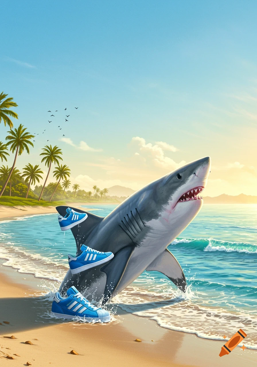 A whimsical illustration of a shark breaching out of ocean waves onto a sandy beach, wearing blue sneakers. Palm trees line the shore.