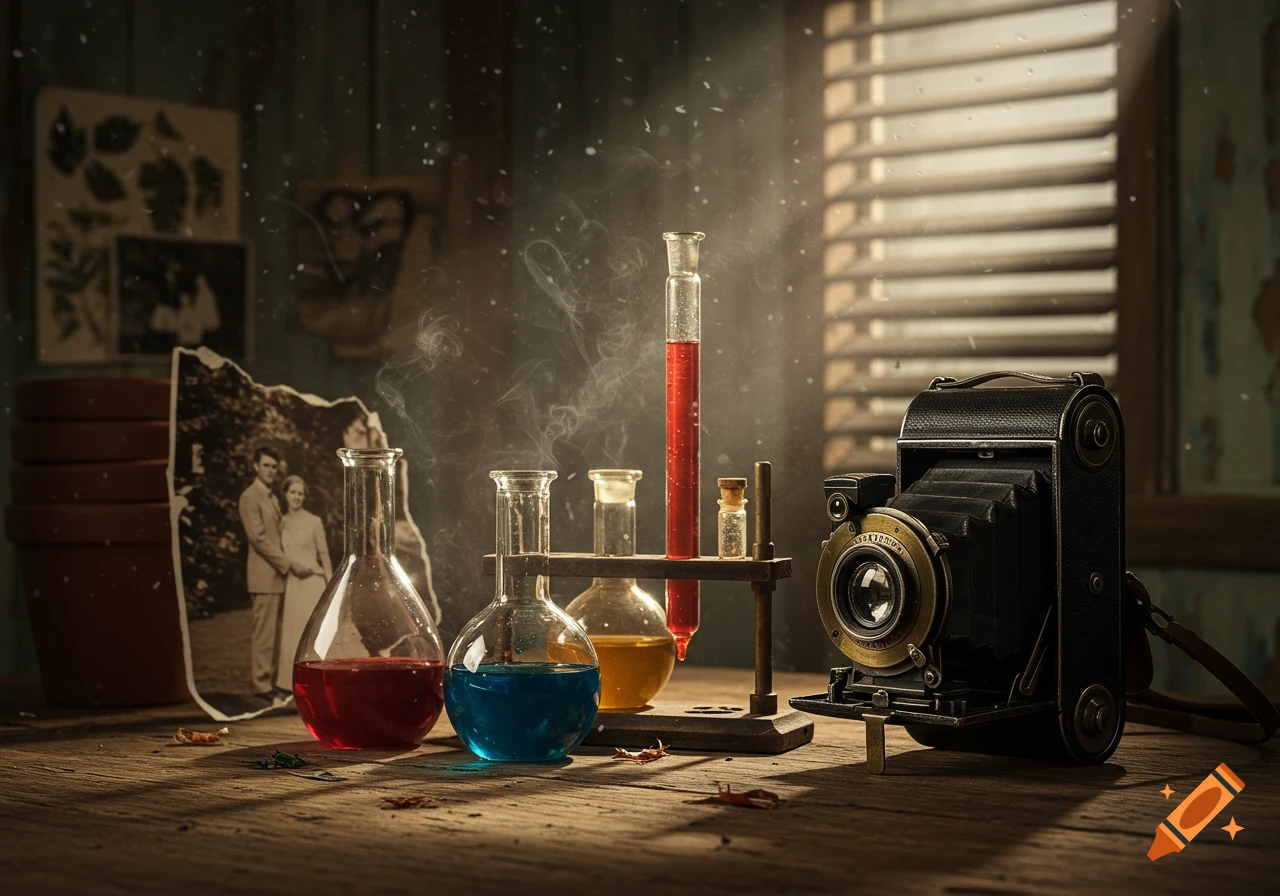 A vintage still life featuring chemistry beakers with colorful liquids, an antique folding camera, and a torn photo of a couple on a wooden table.