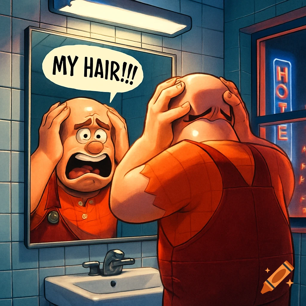 Cartoon Wreck-It-Ralph looks shocked in a bathroom mirror, hands on his bald head, with a speech bubble saying "MY HAIR!!!"