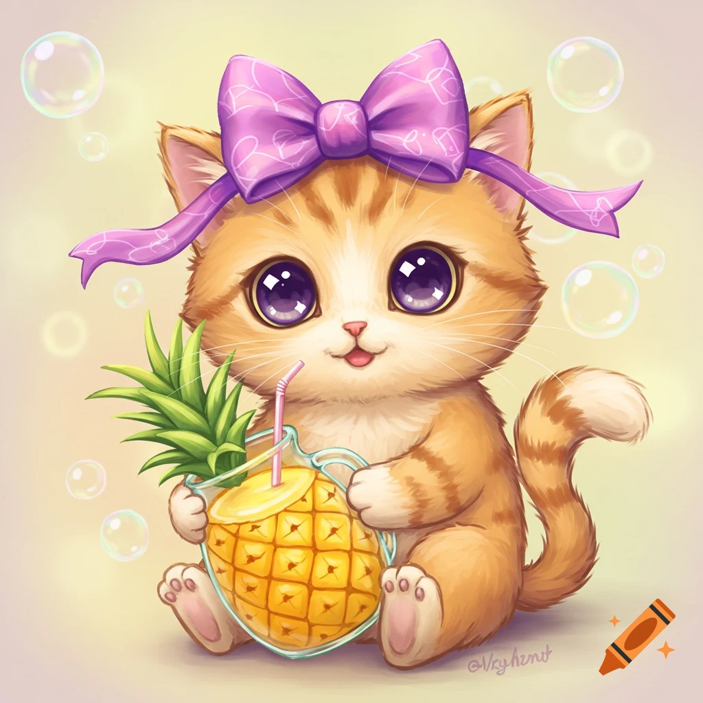 A cute orange tabby kitten with large purple eyes and a violet bow holds a pineapple juice in a cartoon style illustration.