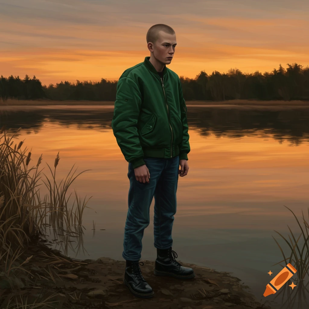 A young man with a shaved head, wearing a green bomber jacket, blue jeans, and black boots, stands on the bank of a lake at sunset.