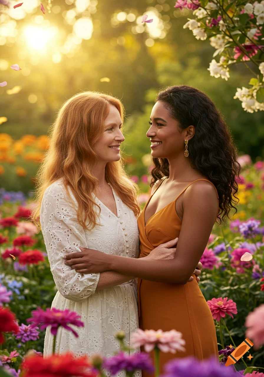 Two smiling women, one redhead, one with dark curly hair, embrace in a vibrant flower garden with golden sunlight.