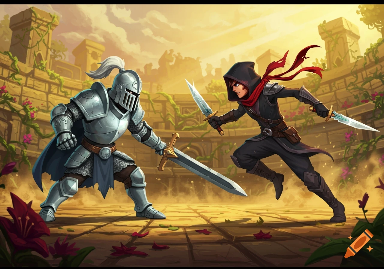 A knight in shining armor and a hooded rogue with a red scarf duel with swords in a stylized ruined arena.