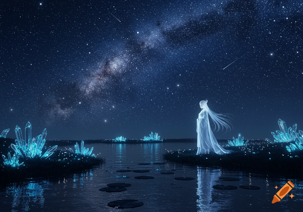 An ethereal figure stands by a tranquil lake lined with glowing blue crystals under a star-filled night sky.