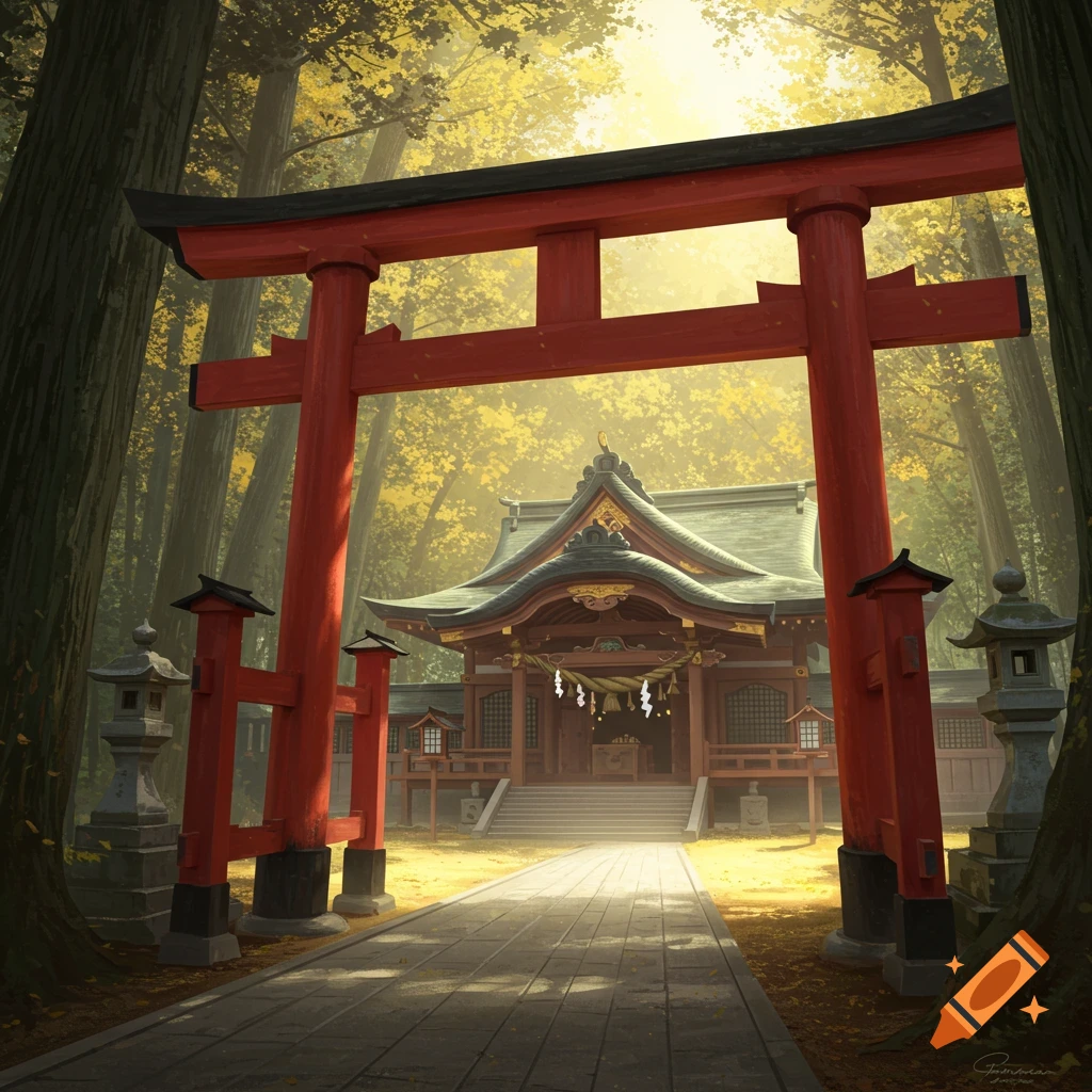 A red Torii gate leads to a traditional Japanese shrine in a sunlit forest with golden autumn leaves.