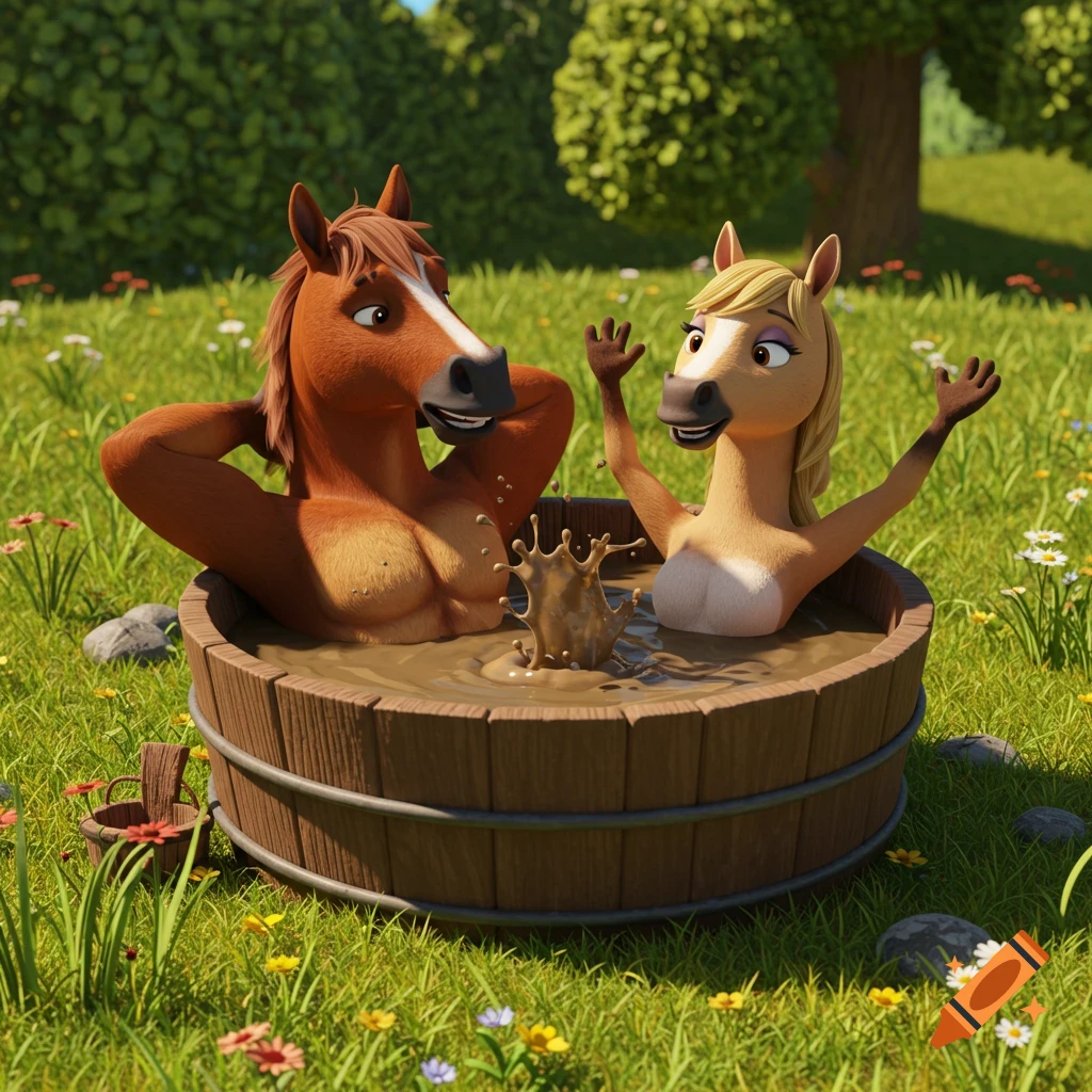 Two smiling anthropomorphic cartoon horses, male and female, relax in a wooden mud hot tub outdoors with mud splashing.