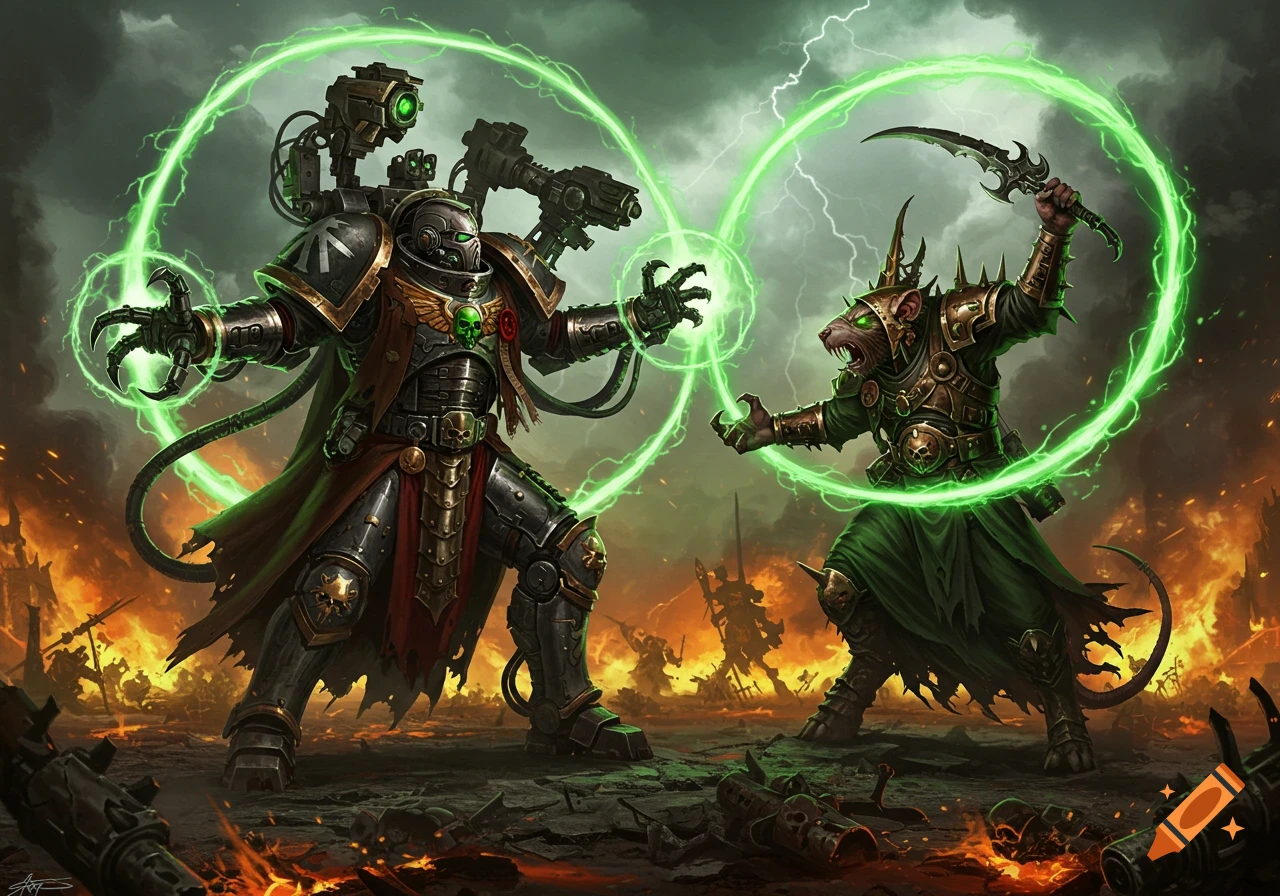 An armored human-like cyborg and a rat-like creature with a curved blade engage in battle, surrounded by green energy and explosions.