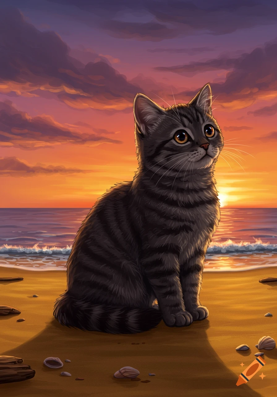 A cute dark tabby cat sits on a sandy beach at sunset, looking up at the colorful sky, in an illustrative style.