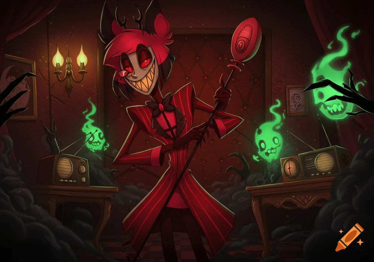 Alastor from Hazbin Hotel, a smiling red-haired demon in a pinstriped suit, holds a microphone staff in a dimly lit room with glowing green skull spirits and vintage radios.