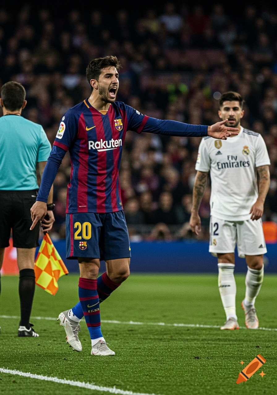 A Barcelona soccer player in a striped jersey yells and gestures on the field during a game, with a Real Madrid player and referee nearby.
