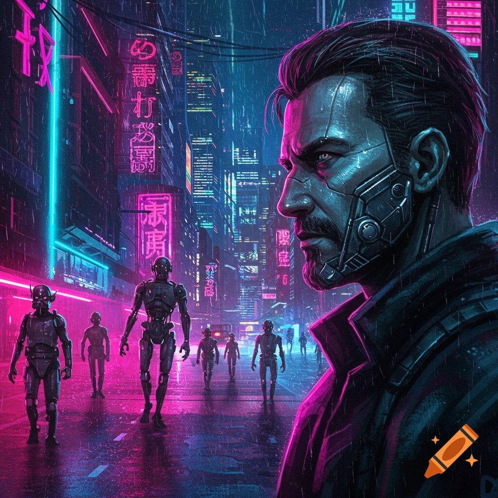 A menacing cybernetic man with a beard in a rainy, neon-lit cyberpunk city street with robots in the background.